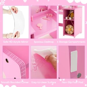 KOTEK Kids Vanity Table and Chair, 2 in 1 Wooden Princess Dressing Desk with Detachable Tri-Folding Mirror & Storage Shelves, Girls Pretend Play Beauty Makeup Vanity for Bedroom (Pink with Chair)