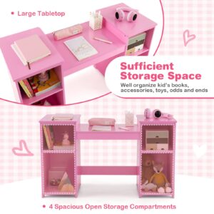 KOTEK Kids Vanity Table and Chair, 2 in 1 Wooden Princess Dressing Desk with Detachable Tri-Folding Mirror & Storage Shelves, Girls Pretend Play Beauty Makeup Vanity for Bedroom (Pink with Chair)