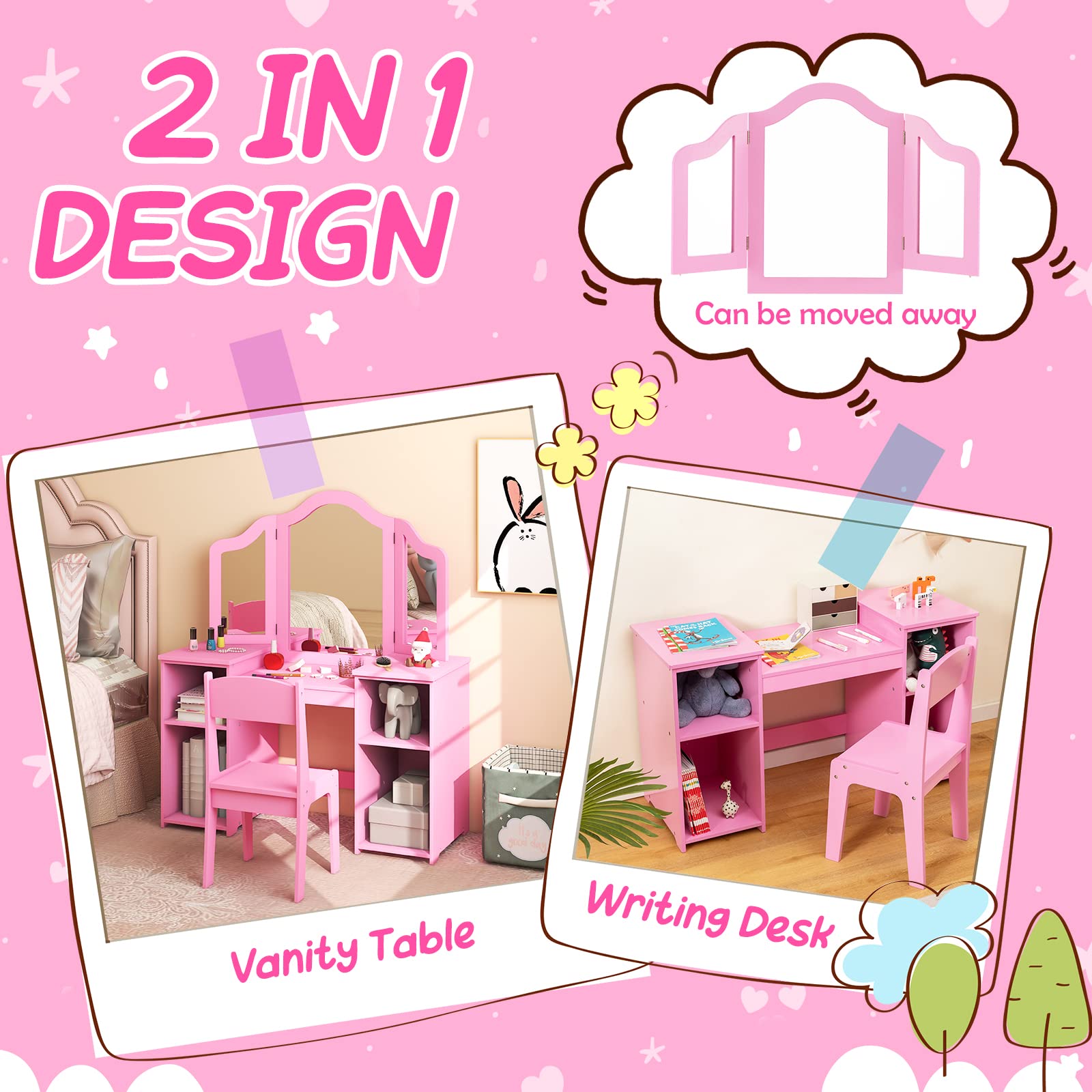 KOTEK Kids Vanity Table and Chair, 2 in 1 Wooden Princess Dressing Desk with Detachable Tri-Folding Mirror & Storage Shelves, Girls Pretend Play Beauty Makeup Vanity for Bedroom (Pink with Chair)