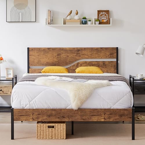 VECELO Platform Bed Frame Queen Size with Rustic Wood Headboard, Strong Metal Slats Support No Box Spring Needed, Easy Assembly