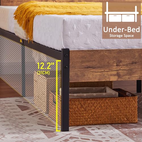 VECELO Platform Bed Frame Queen Size with Rustic Wood Headboard, Strong Metal Slats Support No Box Spring Needed, Easy Assembly