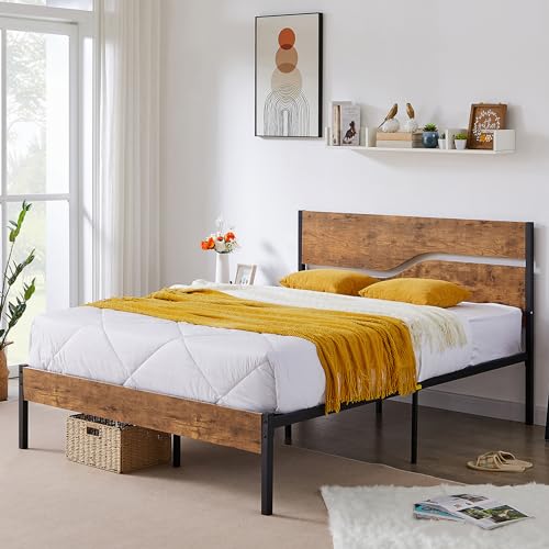 VECELO Platform Bed Frame Queen Size with Rustic Wood Headboard, Strong Metal Slats Support No Box Spring Needed, Easy Assembly