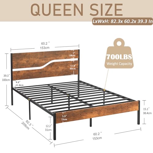 VECELO Platform Bed Frame Queen Size with Rustic Wood Headboard, Strong Metal Slats Support No Box Spring Needed, Easy Assembly