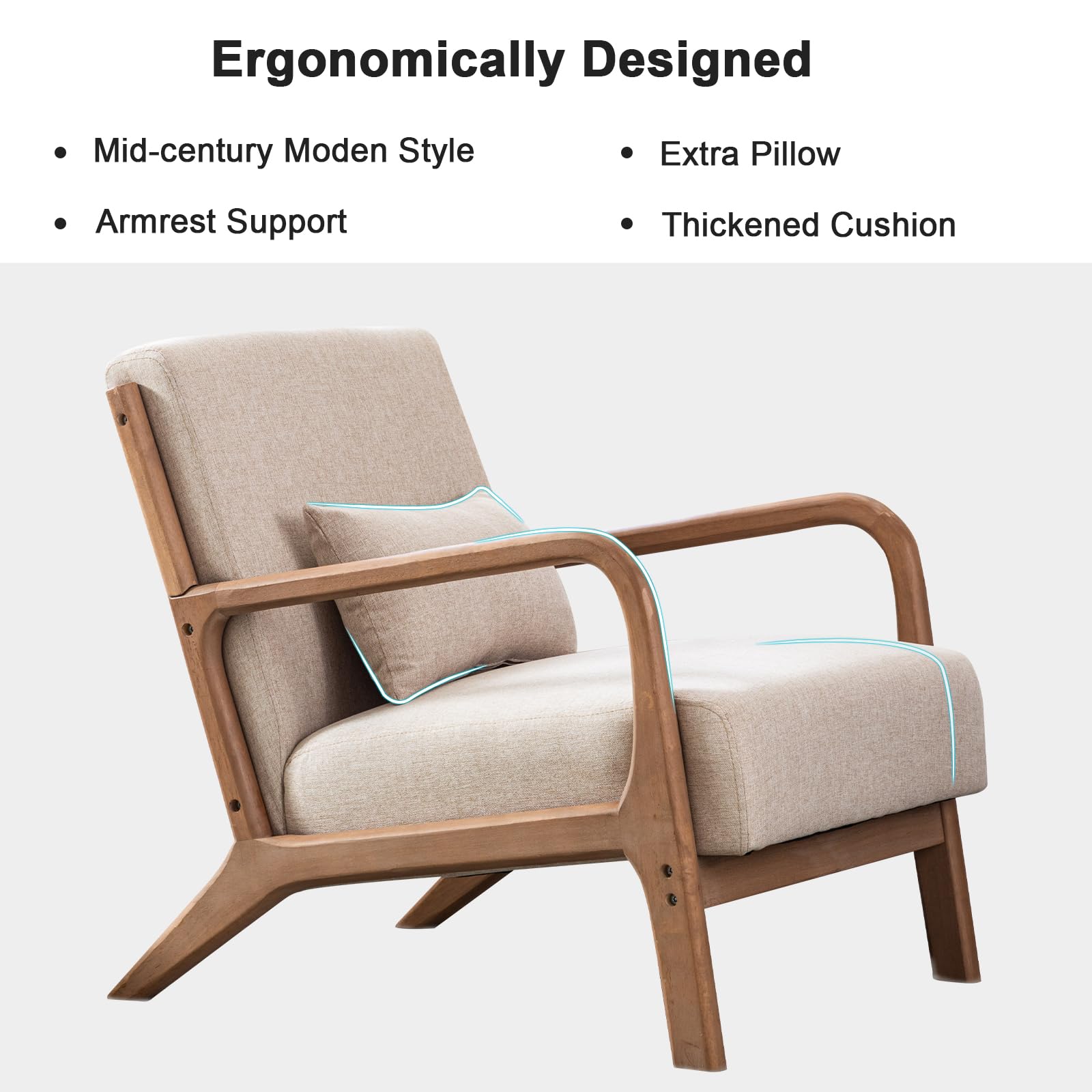 ANJ Modern Arm Chair, Mid-Century Modern Accent Chair Upholstered Lounge Chair with Pillow and Solid Wood Frame, Linen Fabric Comfy Chairs for Living Room