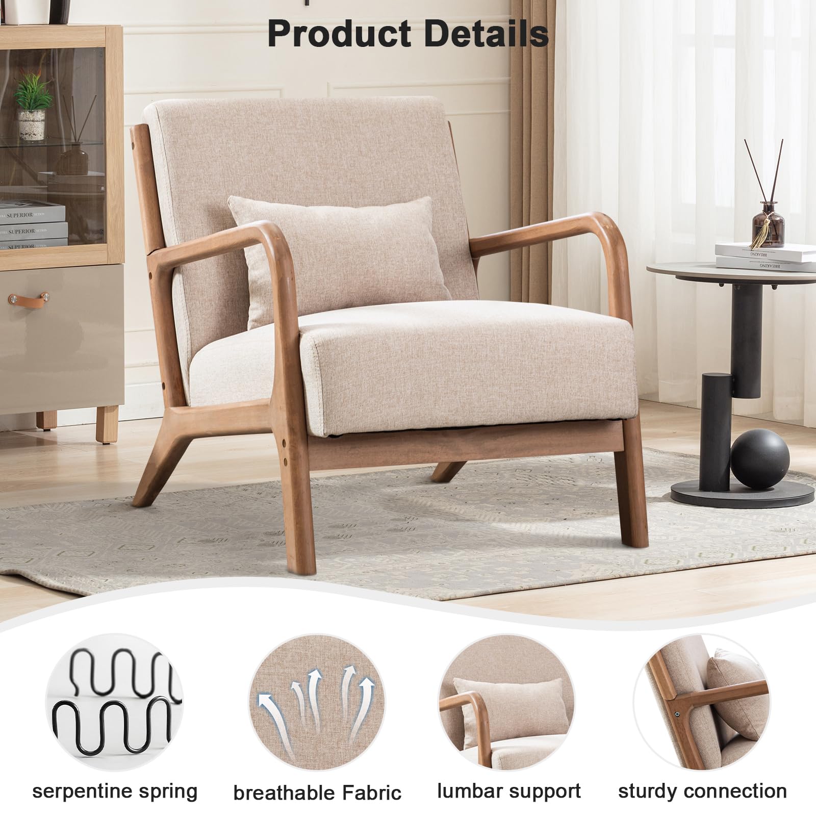 ANJ Modern Arm Chair, Mid-Century Modern Accent Chair Upholstered Lounge Chair with Pillow and Solid Wood Frame, Linen Fabric Comfy Chairs for Living Room