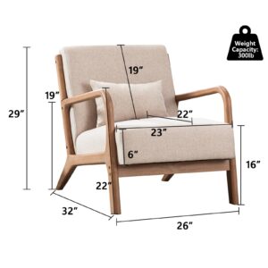 ANJ Modern Arm Chair, Mid-Century Modern Accent Chair Upholstered Lounge Chair with Pillow and Solid Wood Frame, Linen Fabric Comfy Chairs for Living Room