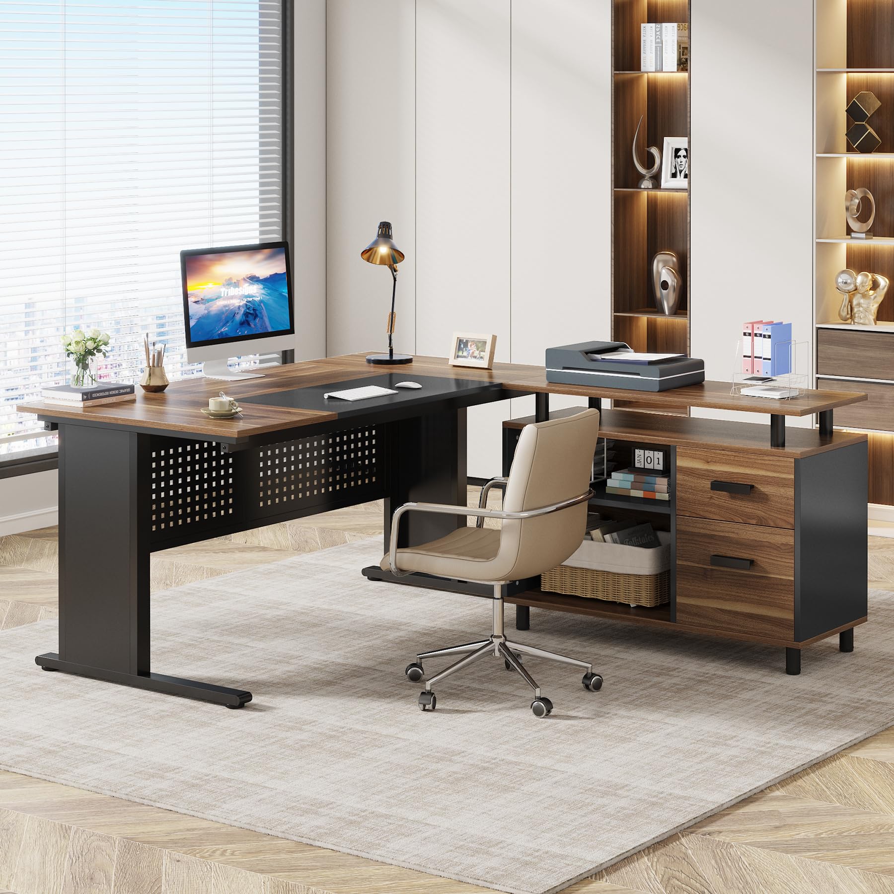 Tribesigns 63 Inch Executive Desk with File Cabinet, Large Office Desk L Shaped Computer Desk with Drawers and Storage Shelves, Business Furniture Desk Workstation for Home Office, Brown and Black