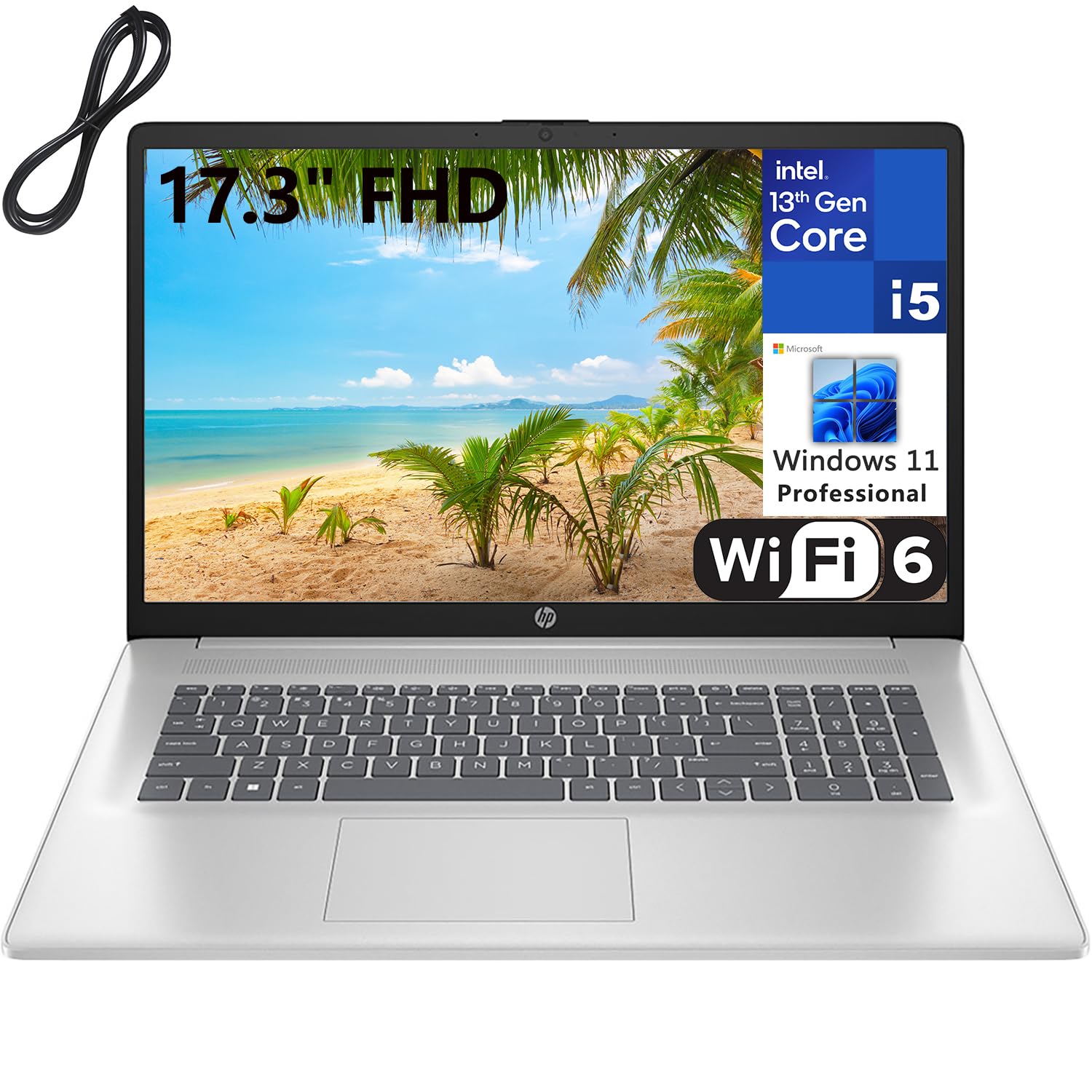 HP 17 17.3" FHD Laptop Computer, 13th Gen Intel 10-Core i5-1335U up to 4.6GHz (Beat i7-1270P), 16GB DDR4 RAM, 1TB PCIe SSD, WiFi 6, Bluetooth 5.3, Silver, Windows 11 Pro, SSROTH Cable