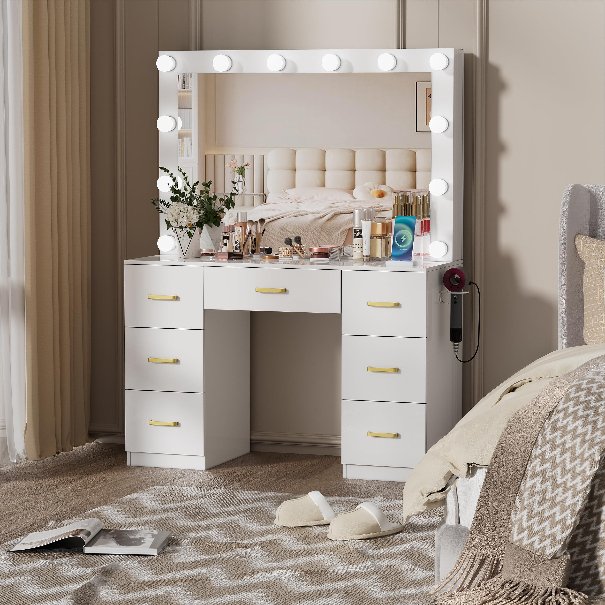 FURNJOYLIFE White Makeup Vanity Desk with Lighted Mirror & Power Outlet,3 Color Modes, Brightness Adjustable,Vanity Table with Drawer,Sliding 2 Storage Wall-Mounted Jewelry,4 Shelves for Bedroom