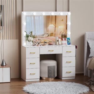 FURNJOYLIFE White Makeup Vanity Desk with Lighted Mirror & Power Outlet,3 Color Modes, Brightness Adjustable,Vanity Table with Drawer,Sliding 2 Storage Wall-Mounted Jewelry,4 Shelves for Bedroom