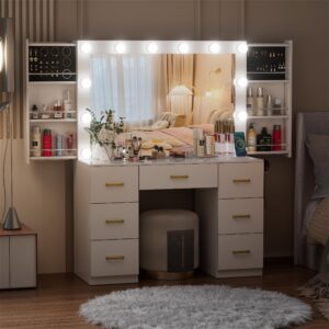 FURNJOYLIFE White Makeup Vanity Desk with Lighted Mirror & Power Outlet,3 Color Modes, Brightness Adjustable,Vanity Table with Drawer,Sliding 2 Storage Wall-Mounted Jewelry,4 Shelves for Bedroom