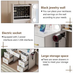 FURNJOYLIFE White Makeup Vanity Desk with Lighted Mirror & Power Outlet,3 Color Modes, Brightness Adjustable,Vanity Table with Drawer,Sliding 2 Storage Wall-Mounted Jewelry,4 Shelves for Bedroom