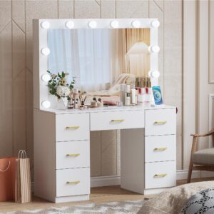 FURNJOYLIFE White Makeup Vanity Desk with Lighted Mirror & Power Outlet,3 Color Modes, Brightness Adjustable,Vanity Table with Drawer,Sliding 2 Storage Wall-Mounted Jewelry,4 Shelves for Bedroom