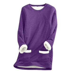 seaopen winter fleece tops for women plus size solid color warm pullover casual long sleeve crewneck thermal shirts