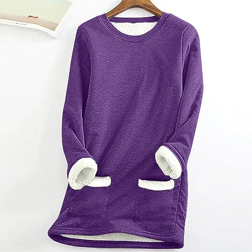 SEAOPEN Winter Fleece Tops for Women Plus Size Solid Color Warm Pullover Casual Long Sleeve Crewneck Thermal Shirts