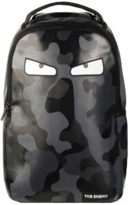 the enemy camo bagpack, unisex eco pu leather backpack with exclusive blackout zippers, black camo, one size