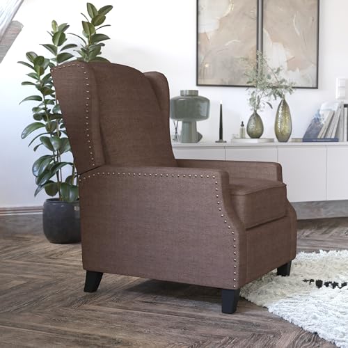 Flash Furniture Prescott Traditional Style Slim Push Back Chair-Wingback Recliner with Polyester Fabric Upholstery-Accent Nail Trim, Set of 1, Brown