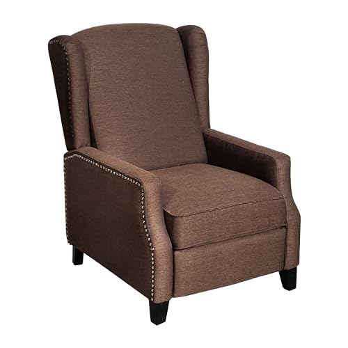 Flash Furniture Prescott Traditional Style Slim Push Back Chair-Wingback Recliner with Polyester Fabric Upholstery-Accent Nail Trim, Set of 1, Brown