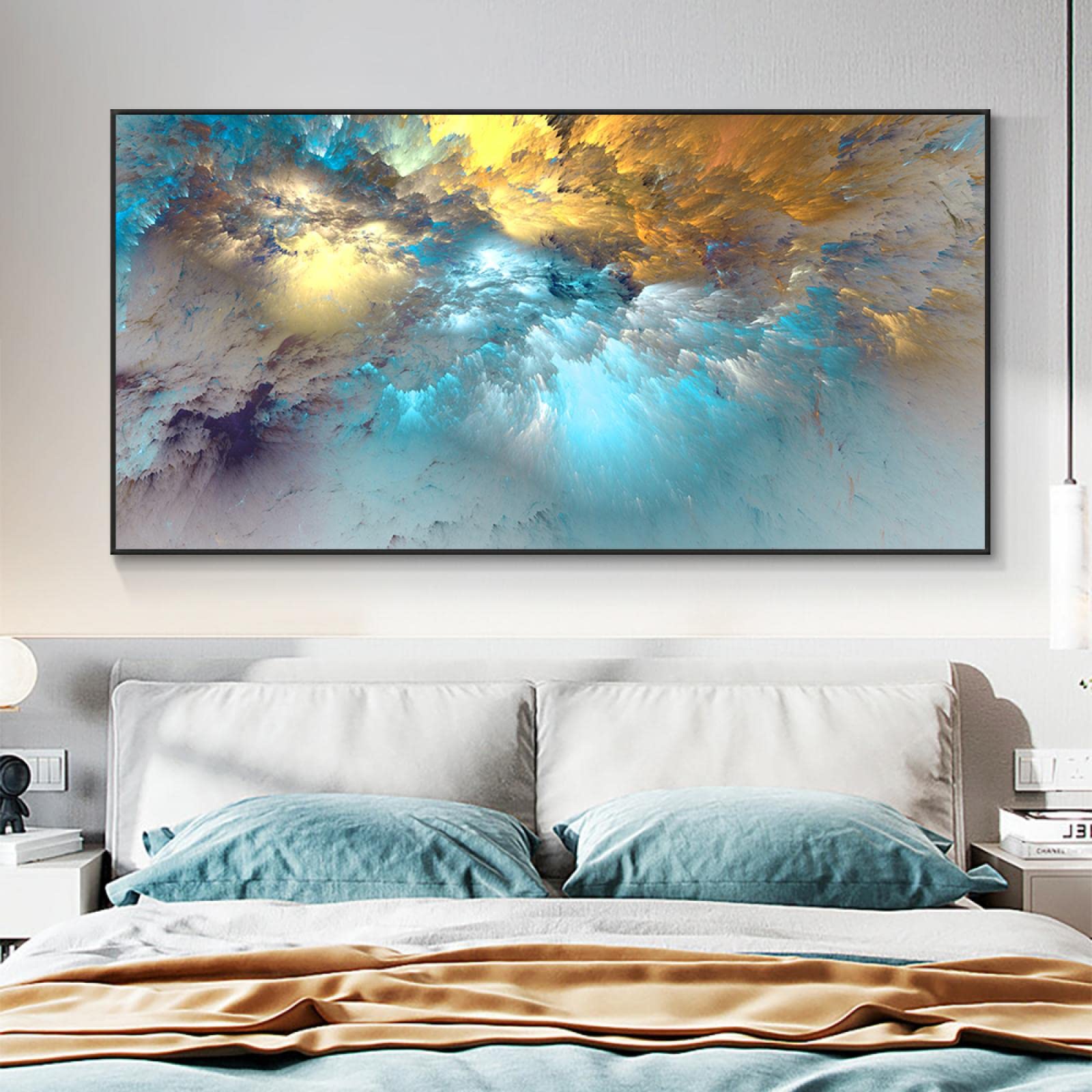 Prints on Canvas Gold Blue Cloud Abstract Art Painting Posters Modern Art Independe Wall Picture for Living Room Decor 100x185cm/39x73inch With Black Framed Ready to Hang