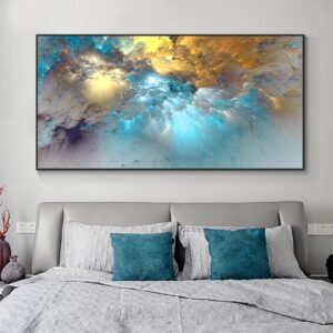 Prints on Canvas Gold Blue Cloud Abstract Art Painting Posters Modern Art Independe Wall Picture for Living Room Decor 100x185cm/39x73inch With Black Framed Ready to Hang