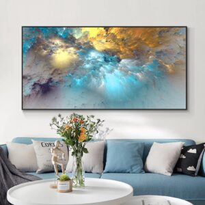 Prints on Canvas Gold Blue Cloud Abstract Art Painting Posters Modern Art Independe Wall Picture for Living Room Decor 100x185cm/39x73inch With Black Framed Ready to Hang