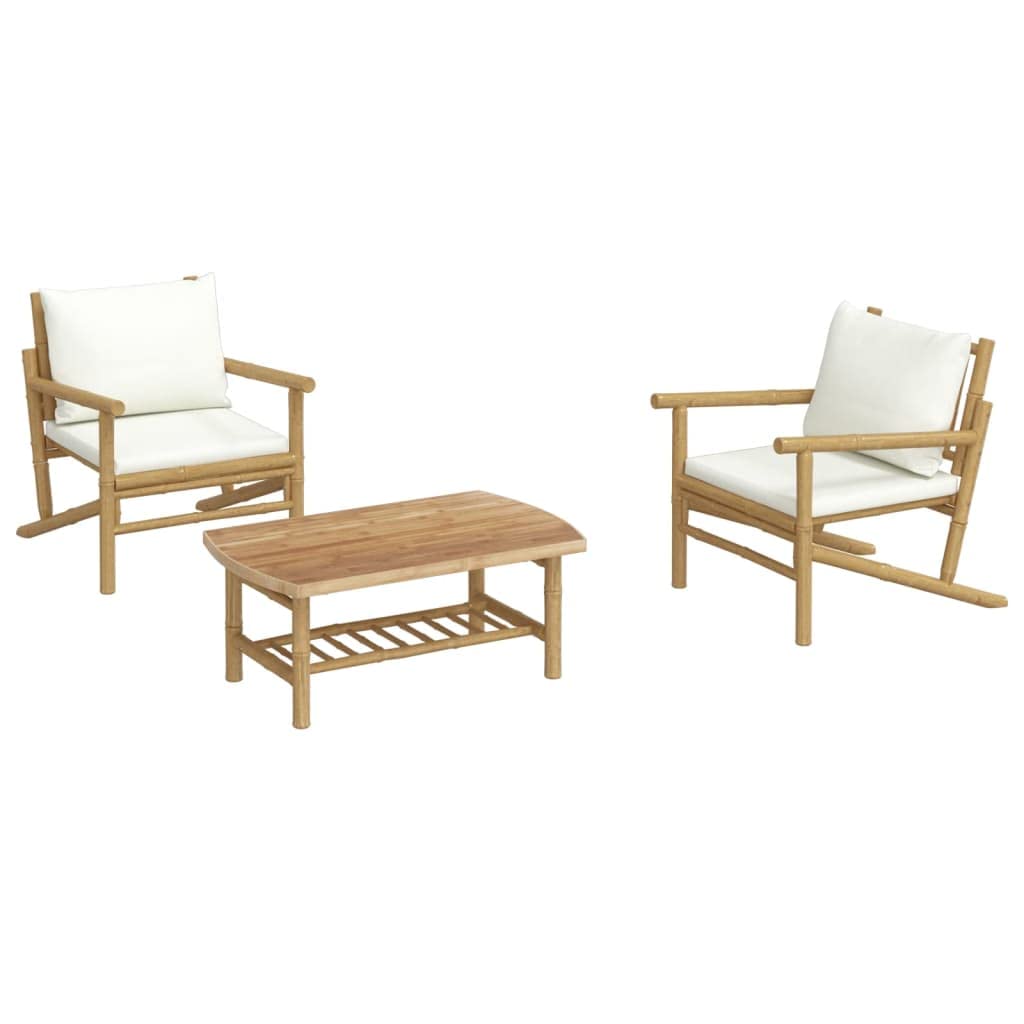 VRAXO 3 Piece Patio Lounge Set with Cream White Cushions Bamboo,Outdoor Furniture Sets-57.2lbs