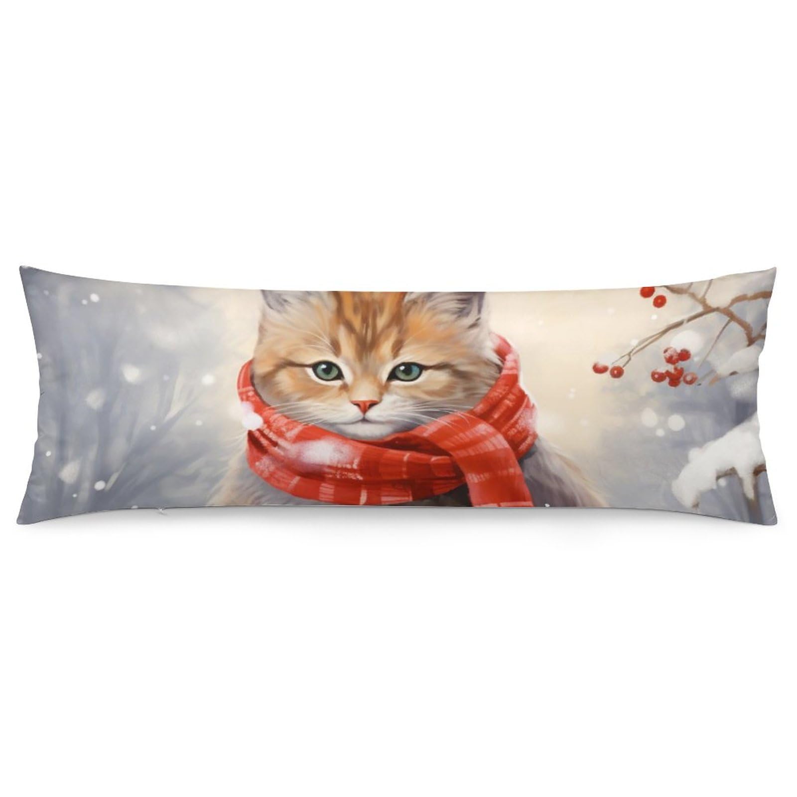 MaSiledy Wintery Cat with Red Scarf Body Pillow Pillowcase 20-Inch X 54-Inch Printed Pillow Cover Christmas Body Pillow Case with Hidden Zipper Closure for Decoration Sofa Couch