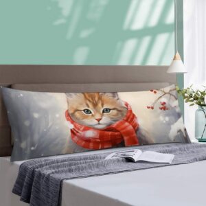 MaSiledy Wintery Cat with Red Scarf Body Pillow Pillowcase 20-Inch X 54-Inch Printed Pillow Cover Christmas Body Pillow Case with Hidden Zipper Closure for Decoration Sofa Couch