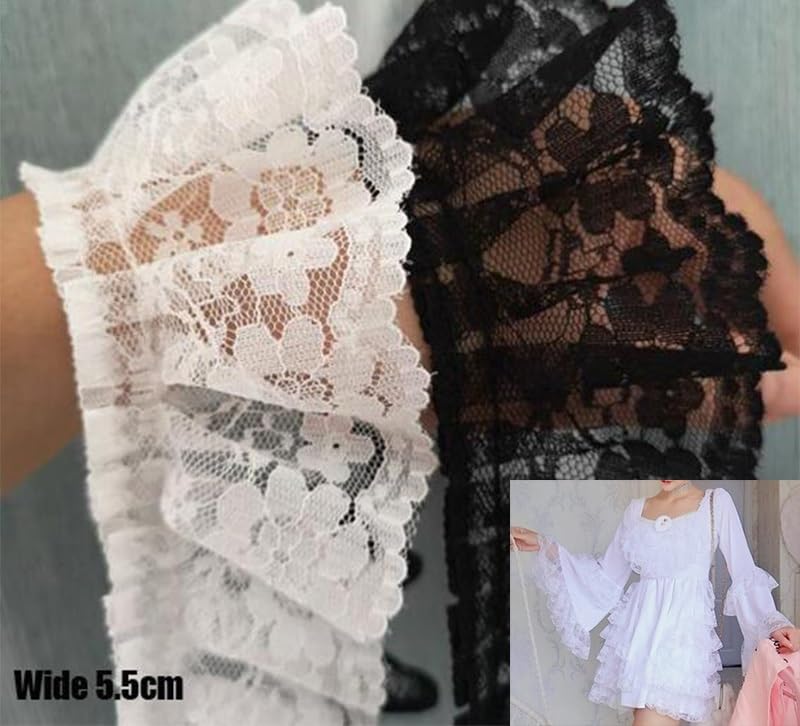 1Yard Embroidery 3D Flower Lace Fabric Trim Ribbon DIY Sewing Applique Collar Dress Wedding Guipure Decor White Black (Color : Black)