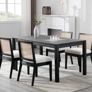 Farmhouse Rattan Dining Chairs Set of 4, Mid Century Modern Sherpa Boucle Kitchen & Dining Room Chairs, Upholstered Black Cane Dining Chair Kitchen Chairs Side Chairs with Black Hardwood Frame, White