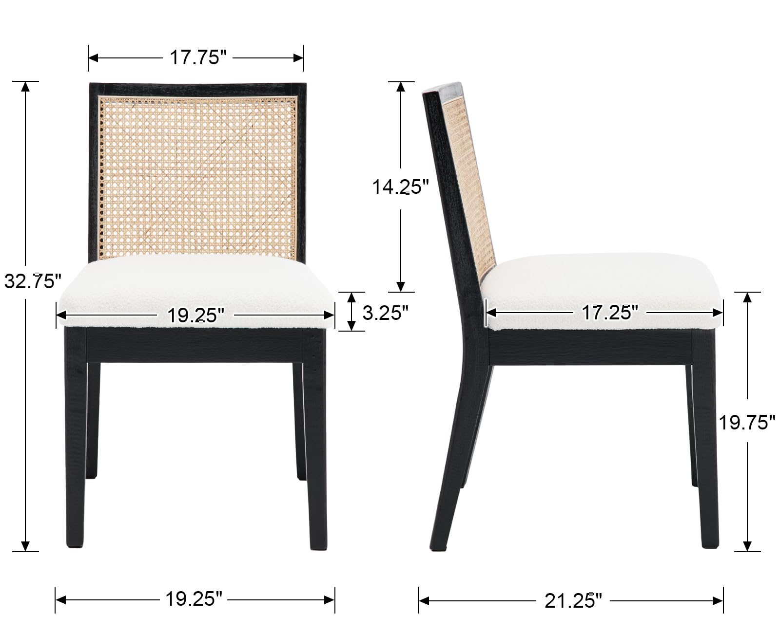 Farmhouse Rattan Dining Chairs Set of 4, Mid Century Modern Sherpa Boucle Kitchen & Dining Room Chairs, Upholstered Black Cane Dining Chair Kitchen Chairs Side Chairs with Black Hardwood Frame, White