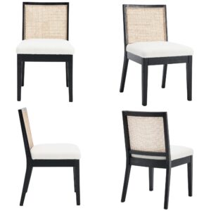 Farmhouse Rattan Dining Chairs Set of 4, Mid Century Modern Sherpa Boucle Kitchen & Dining Room Chairs, Upholstered Black Cane Dining Chair Kitchen Chairs Side Chairs with Black Hardwood Frame, White