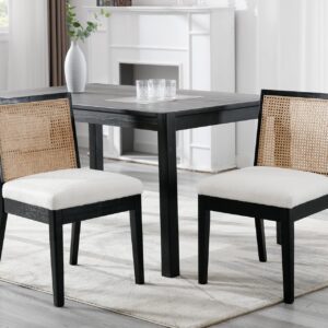 Farmhouse Rattan Dining Chairs Set of 4, Mid Century Modern Sherpa Boucle Kitchen & Dining Room Chairs, Upholstered Black Cane Dining Chair Kitchen Chairs Side Chairs with Black Hardwood Frame, White