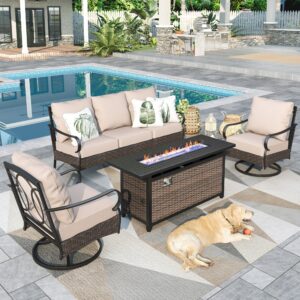 sophia & william oversized patio furniture set with fire pit table, 4 piece outdoor heavy-duty metal conversation sets with 3-seat sofa, 2 swivel sofa chairs, 56-inch fire pit table, beige