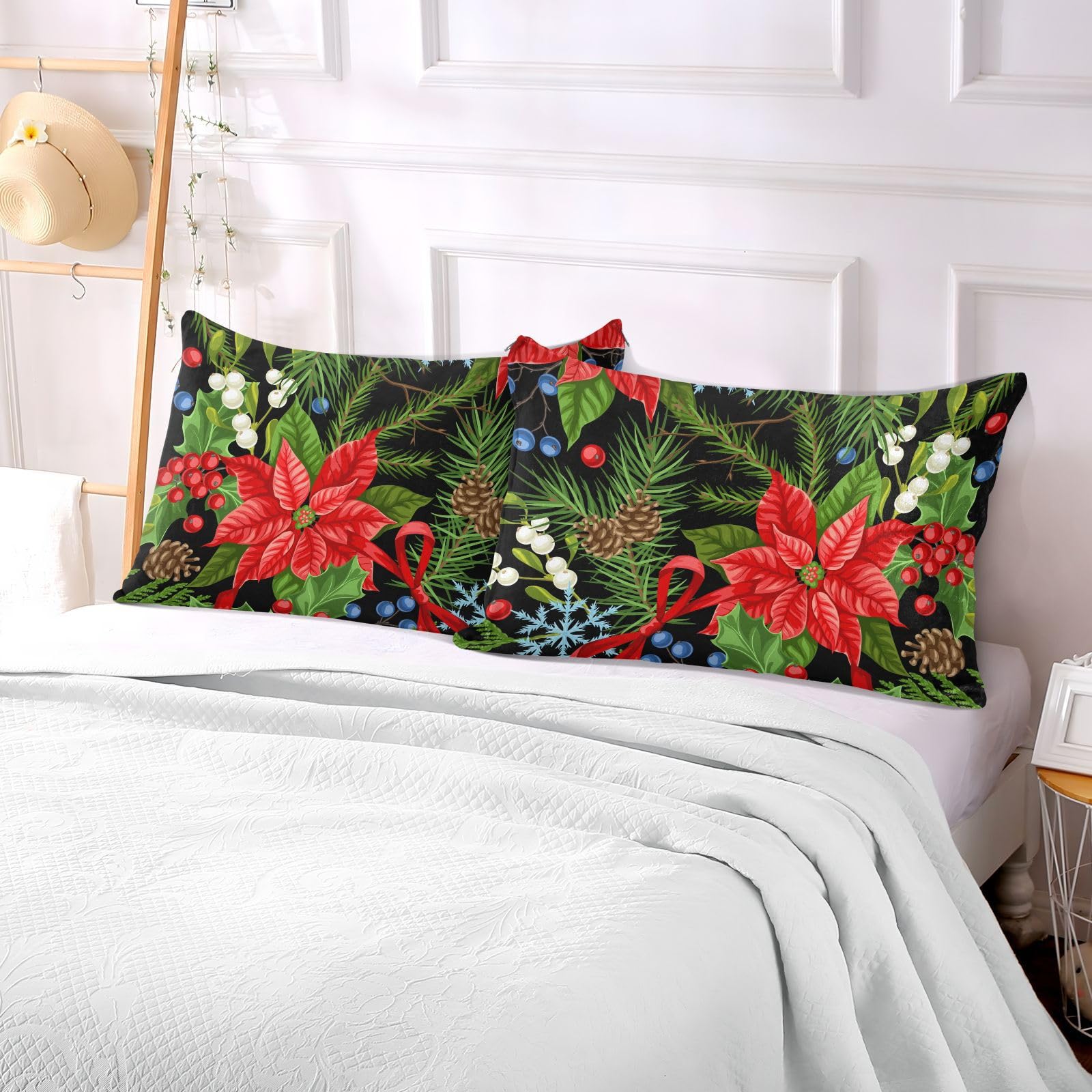 Christmas Flowers Pillowcase for Hair and Skin Body Pillow Cover Long Body Pillow Case 20"X 54" Flannel Pillow Cases with Zipper for Body Pillows