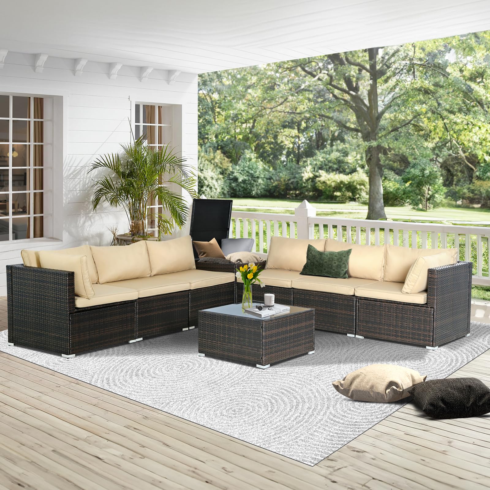 PORWEY Patio Outdoor Furniture Set 8 Pieces Rattan Wicker Sectional Sofa Couch Conversation Set with Storage Box and Table for Deck Lawn, Brown Wicker/Brown Cushion