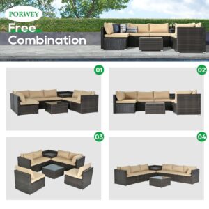 PORWEY Patio Outdoor Furniture Set 8 Pieces Rattan Wicker Sectional Sofa Couch Conversation Set with Storage Box and Table for Deck Lawn, Brown Wicker/Brown Cushion