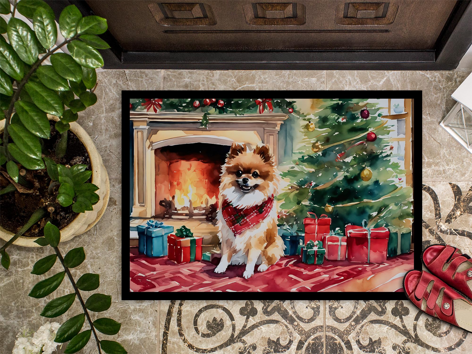 Caroline's Treasures DAC2723MAT Pomeranian Cozy Christmas Doormat Front Door Mat Indoor Outdoor Rugs for Entryway, Non Slip Washable Low Pile, 18H X 27W