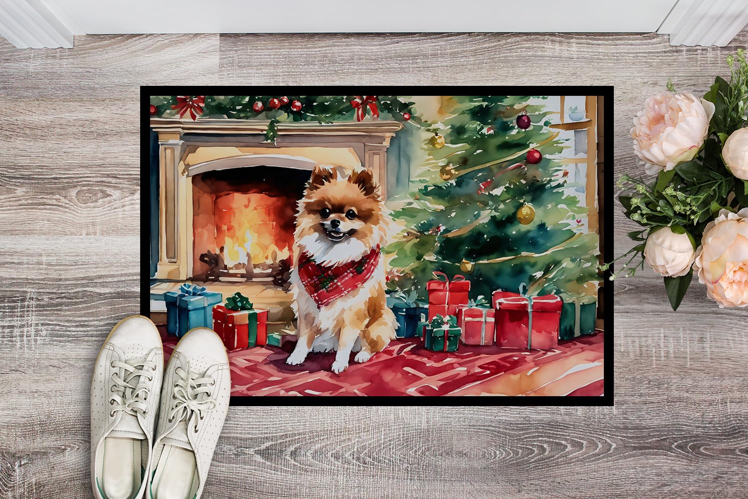 Caroline's Treasures DAC2723MAT Pomeranian Cozy Christmas Doormat Front Door Mat Indoor Outdoor Rugs for Entryway, Non Slip Washable Low Pile, 18H X 27W