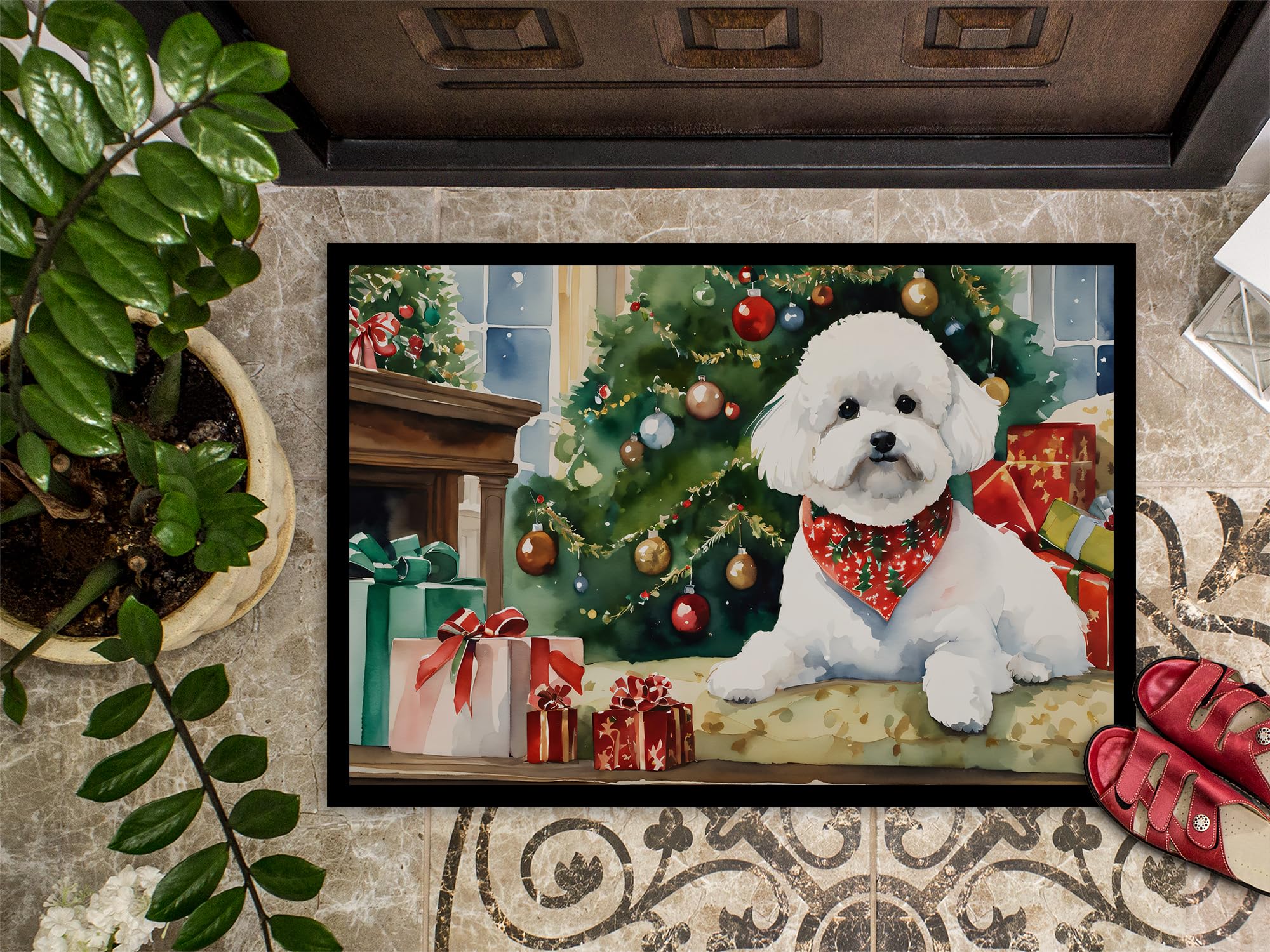 Caroline's Treasures DAC2611JMAT Bichon Frise Cozy Christmas Doormat Front Door Mat Indoor Outdoor Rugs for Entryway, Non Slip Washable Low Pile, 24H X 36W