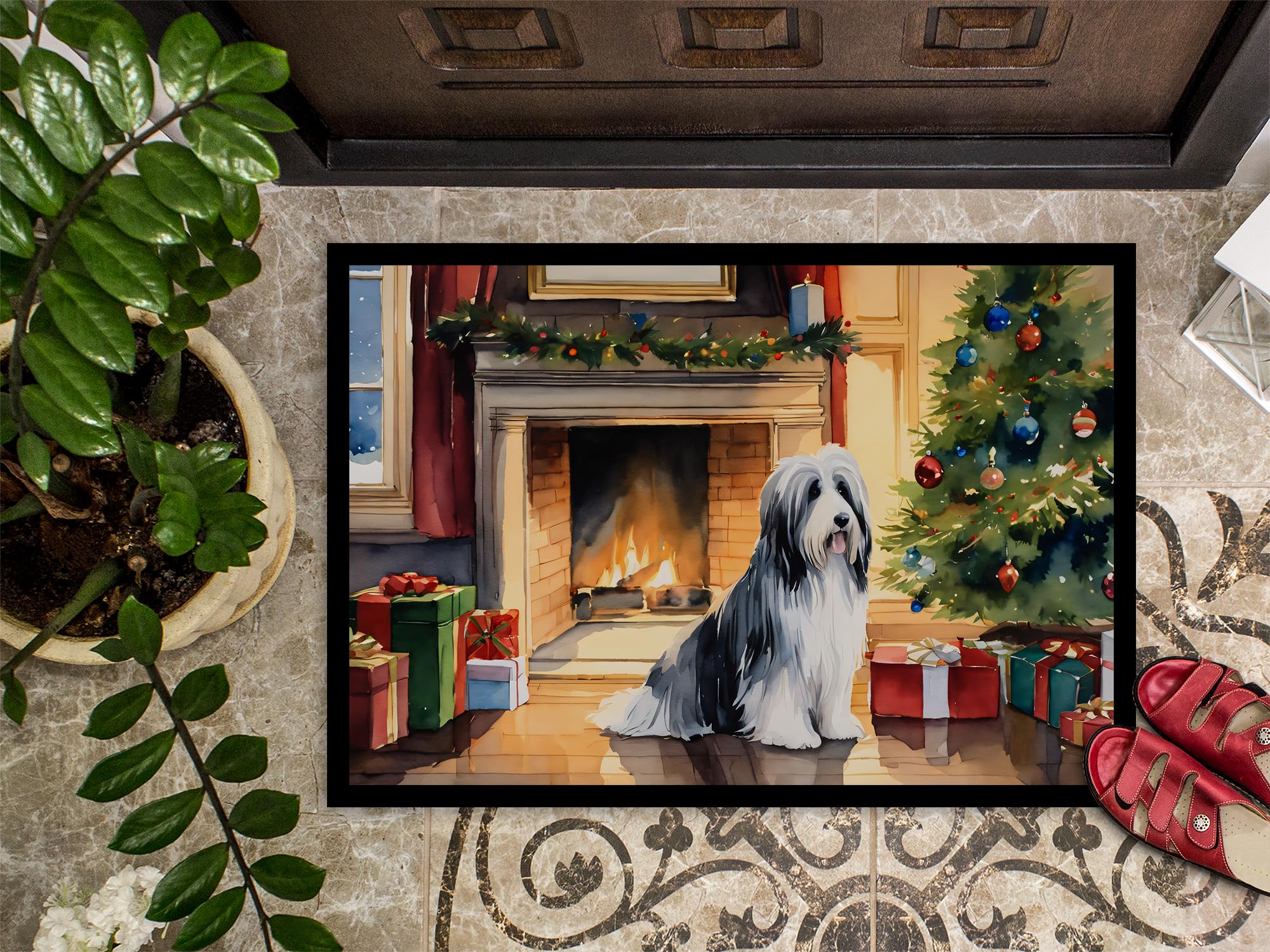 Caroline's Treasures DAC2605MAT Bearded Collie Cozy Christmas Doormat Front Door Mat Indoor Outdoor Rugs for Entryway, Non Slip Washable Low Pile, 18H X 27W