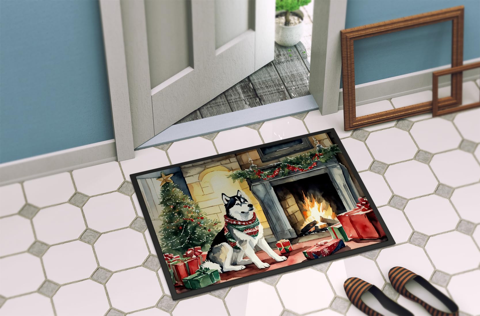 Caroline's Treasures DAC2753JMAT Siberian Husky Cozy Christmas Doormat Front Door Mat Indoor Outdoor Rugs for Entryway, Non Slip Washable Low Pile, 24H X 36W