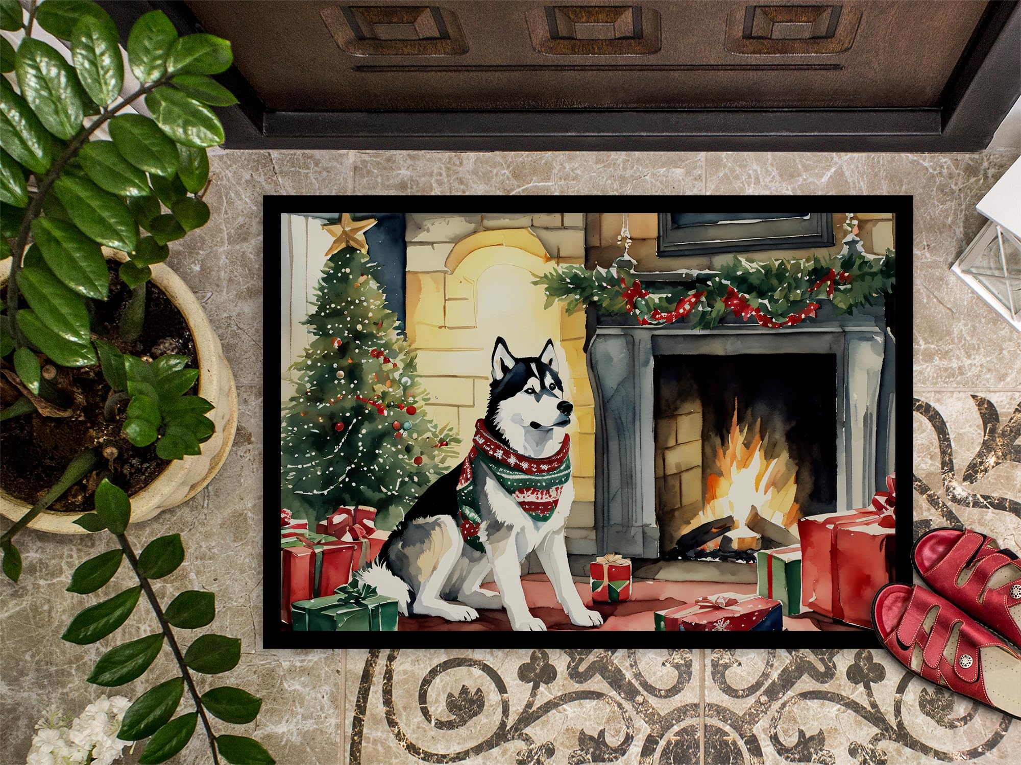 Caroline's Treasures DAC2753JMAT Siberian Husky Cozy Christmas Doormat Front Door Mat Indoor Outdoor Rugs for Entryway, Non Slip Washable Low Pile, 24H X 36W