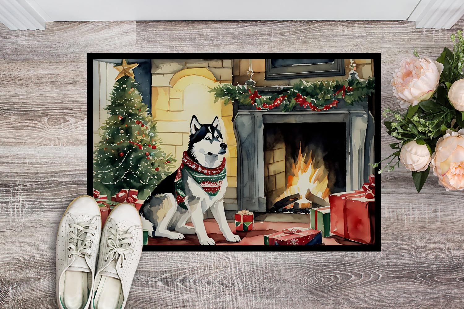 Caroline's Treasures DAC2753JMAT Siberian Husky Cozy Christmas Doormat Front Door Mat Indoor Outdoor Rugs for Entryway, Non Slip Washable Low Pile, 24H X 36W