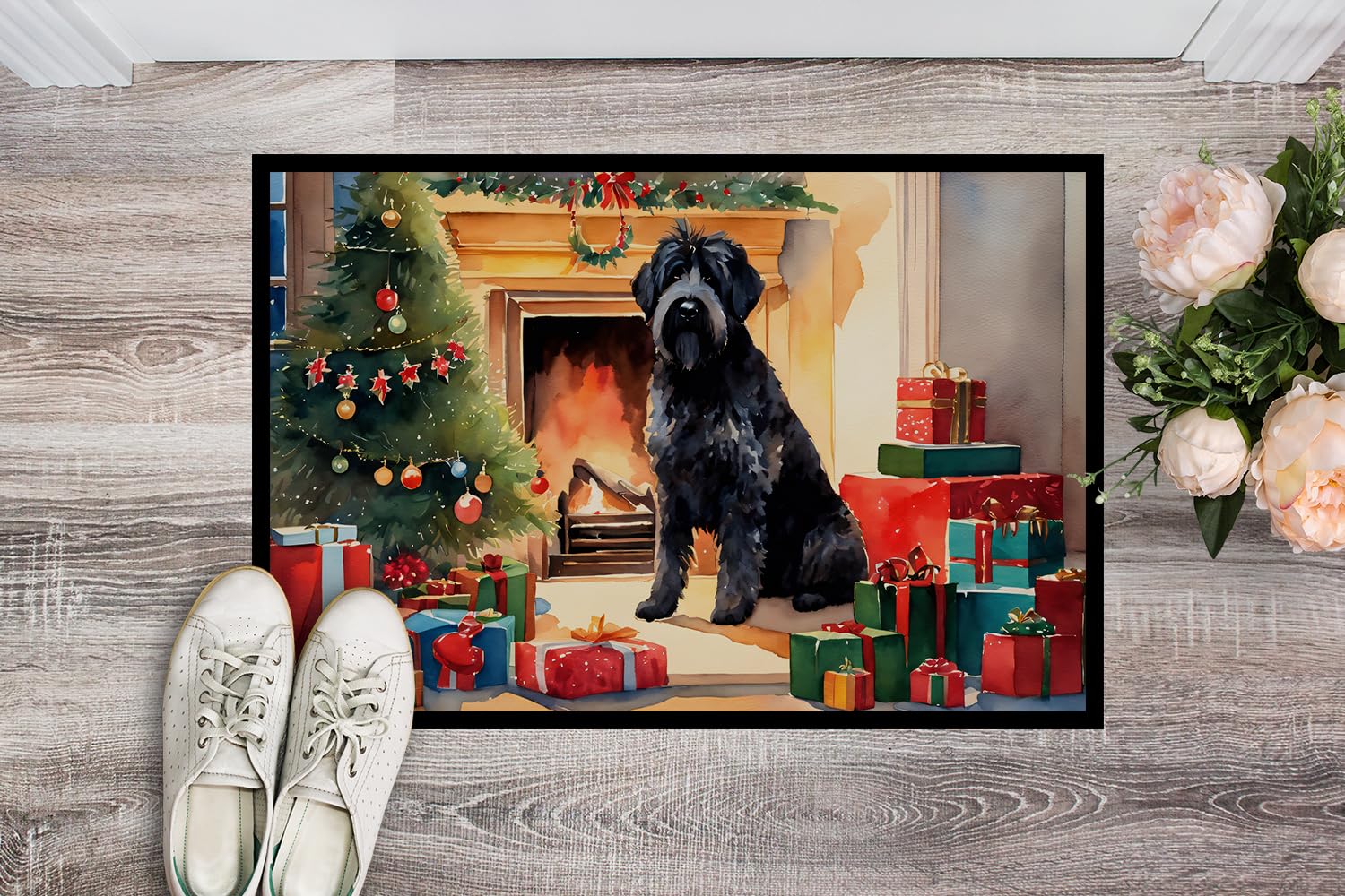 Caroline's Treasures DAC2619MAT Bouvier des Flandres Cozy Christmas Doormat Front Door Mat Indoor Outdoor Rugs for Entryway, Non Slip Washable Low Pile, 18H X 27W