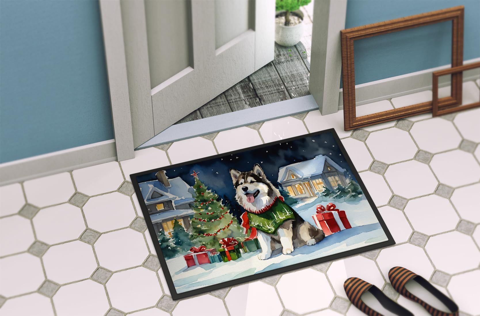 Caroline's Treasures DAC2592MAT Alaskan Malamute Cozy Christmas Doormat Front Door Mat Indoor Outdoor Rugs for Entryway, Non Slip Washable Low Pile, 18H X 27W