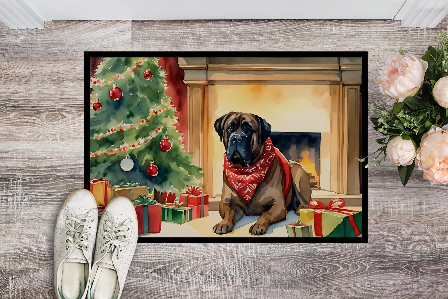 Caroline's Treasures DAC2625JMAT Bullmastiff Cozy Christmas Doormat Front Door Mat Indoor Outdoor Rugs for Entryway, Non Slip Washable Low Pile, 24H X 36W