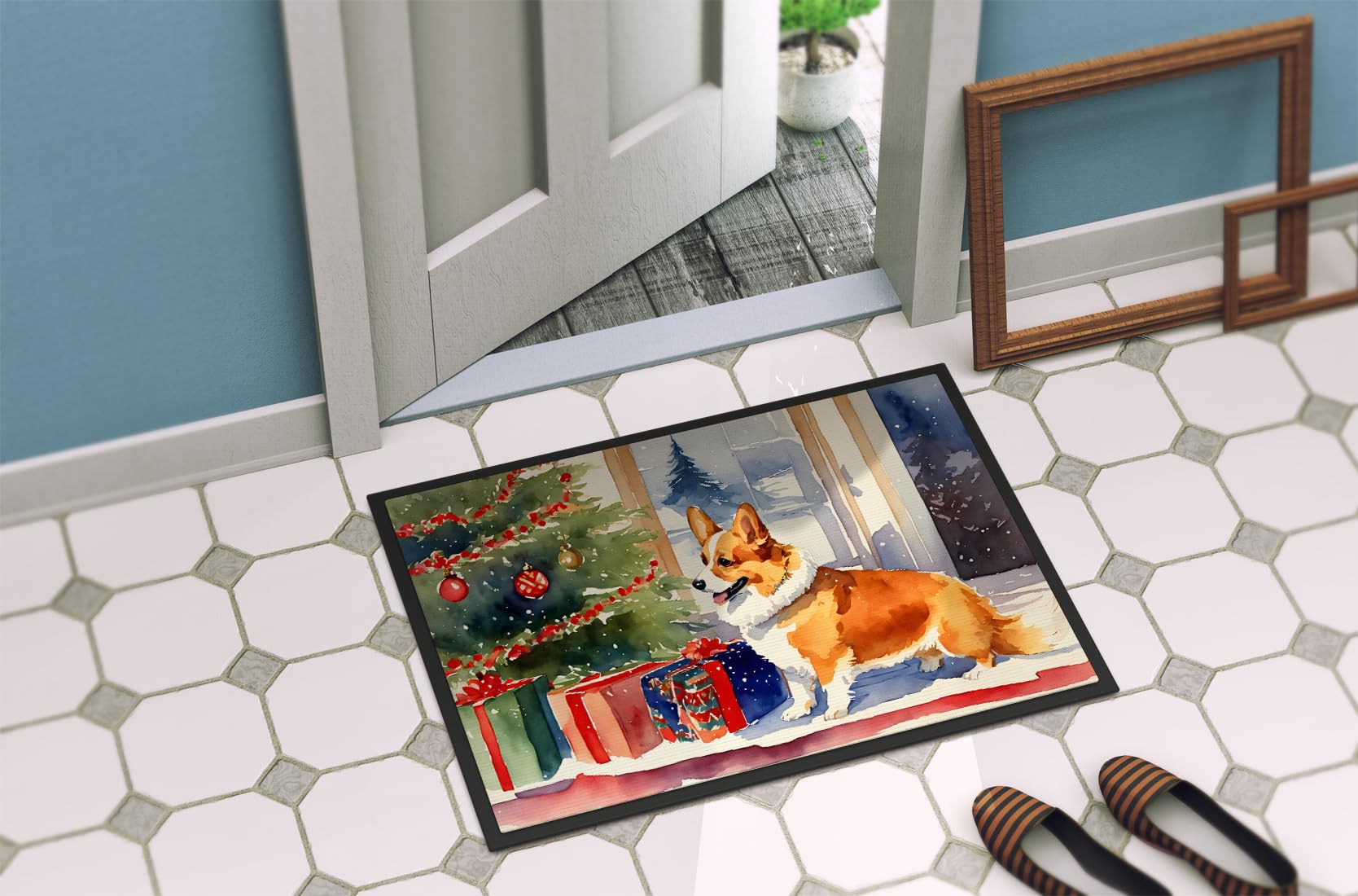 Caroline's Treasures DAC2638JMAT Corgi Cozy Christmas Doormat Front Door Mat Indoor Outdoor Rugs for Entryway, Non Slip Washable Low Pile, 24H X 36W