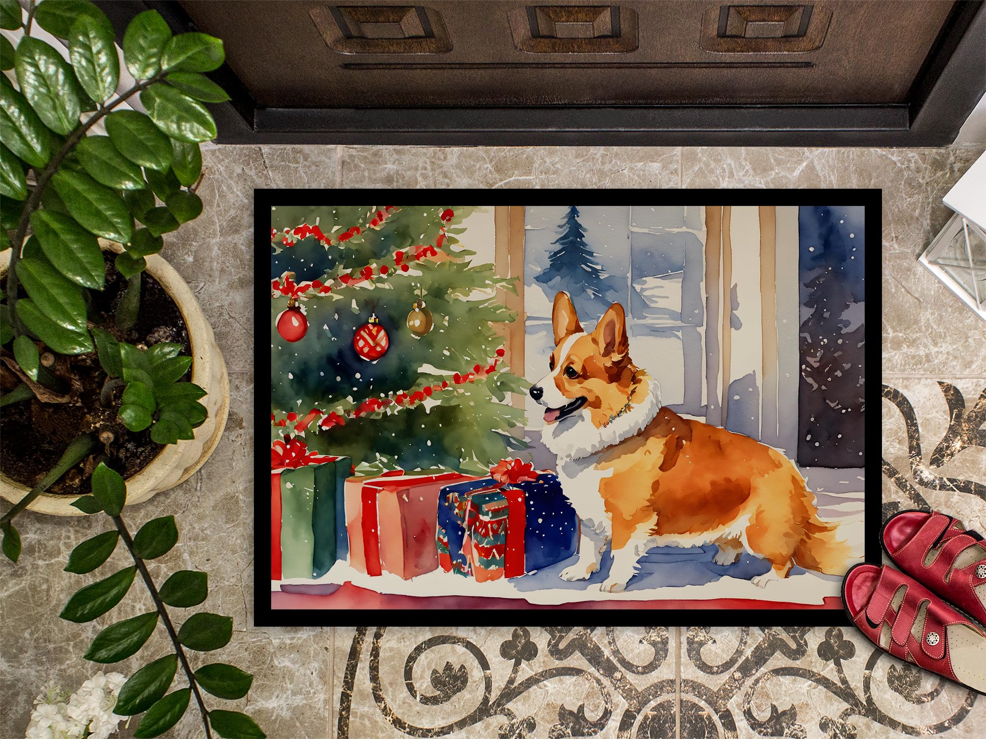 Caroline's Treasures DAC2638JMAT Corgi Cozy Christmas Doormat Front Door Mat Indoor Outdoor Rugs for Entryway, Non Slip Washable Low Pile, 24H X 36W