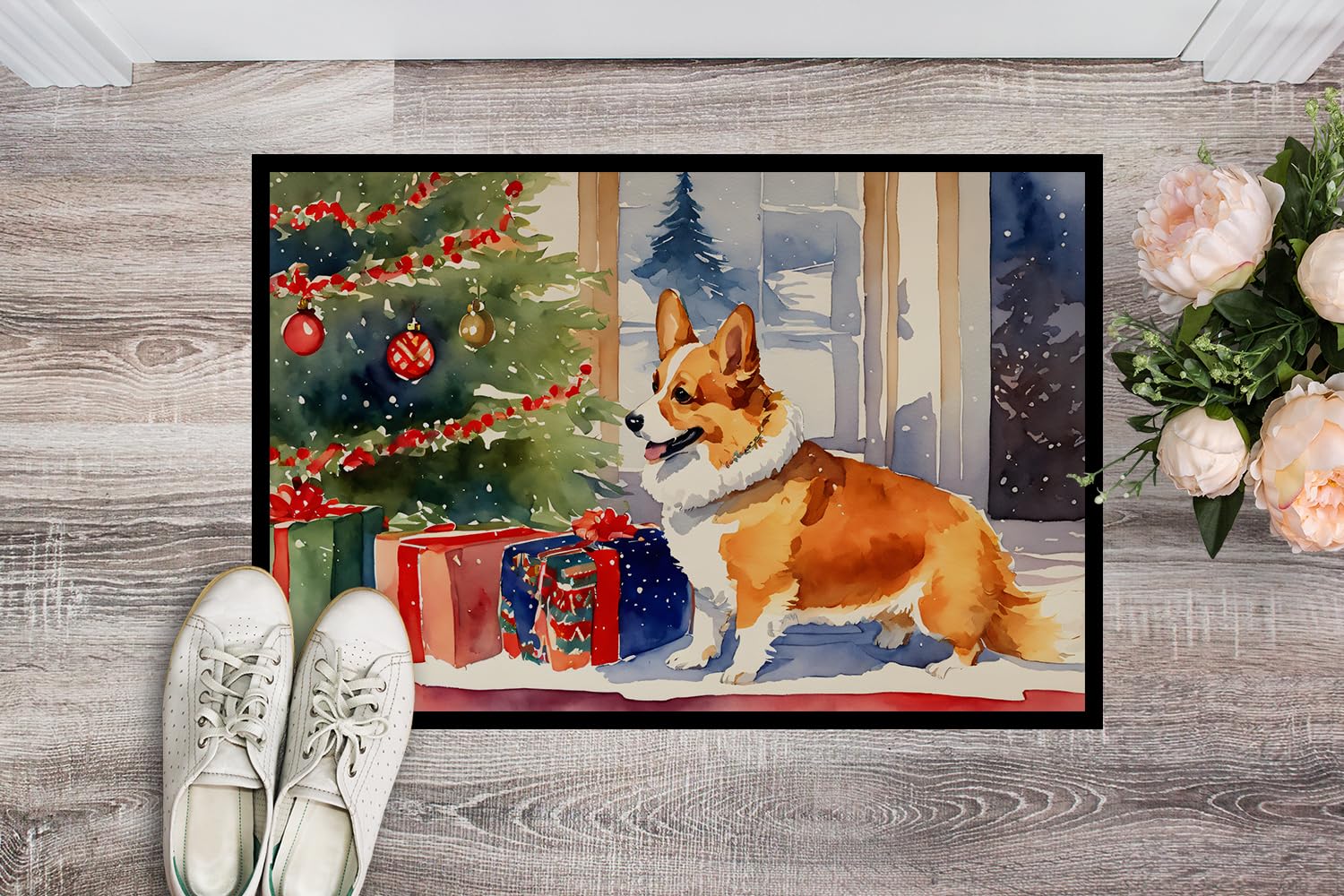 Caroline's Treasures DAC2638JMAT Corgi Cozy Christmas Doormat Front Door Mat Indoor Outdoor Rugs for Entryway, Non Slip Washable Low Pile, 24H X 36W